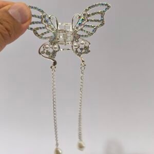 Piraña Mariposa con Cristales y Cadenas para Cabello | Pinza Elegante con Perlas Colgantes