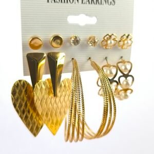 Set de Aretes Dorados Elegantes para Mujer | Pendientes Tipo Argolla, Hoja y Perla