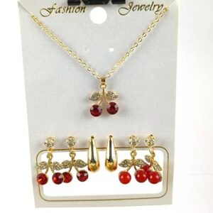 Set de Collar y Aretes Dorados para Mujer | Pendientes Argolla, Corazón y Cereza Elegante