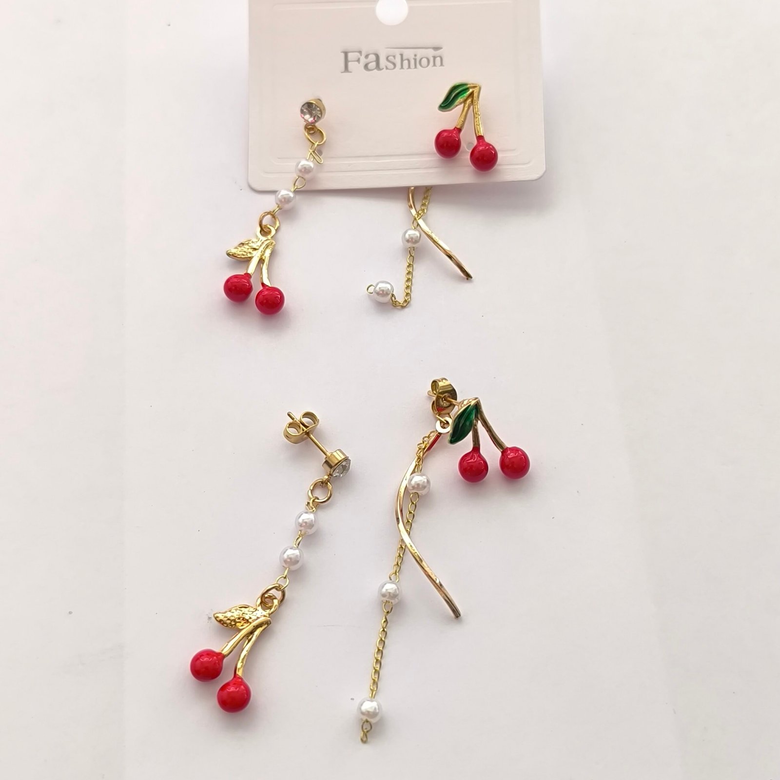 Set de Aretes Colgantes Mujer 12 Unidades | Diseños Cereza y Perla - Image 3