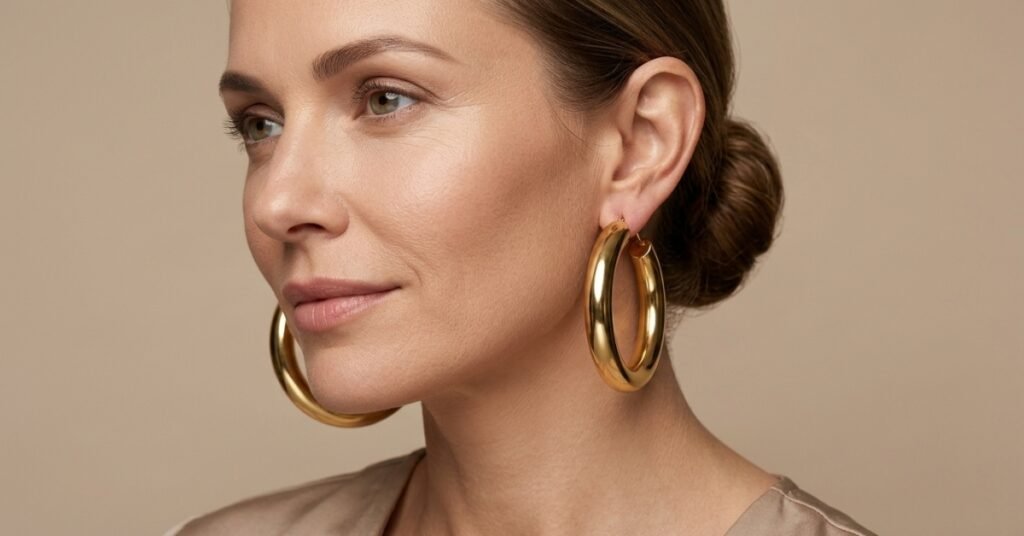 mujer usando aretes grandes elegantes y llamativos de moda