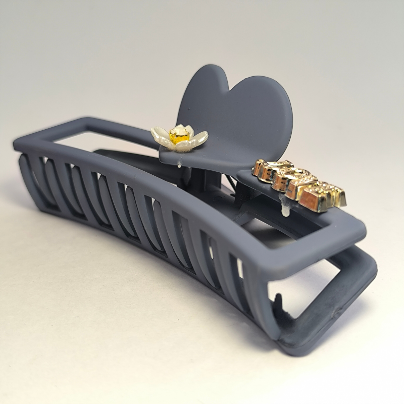 Pirana rectangular Love corazon color gris pizarra mate sujecion fuerte cabello