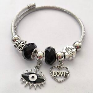 Pulsera Plateada con Charms y Cuentas | Bangle Rigido Plateado con Dijes Surtidos Modelos Variados