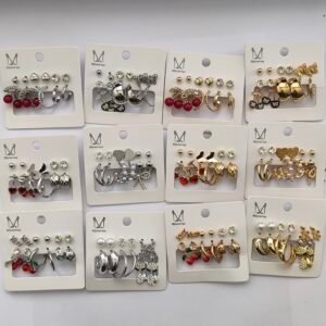 Aretes Surtidos para Mujer con Dijes y Cristales | Tarjeta 12 Unidades Venta por Mayor Dorado y Plateado